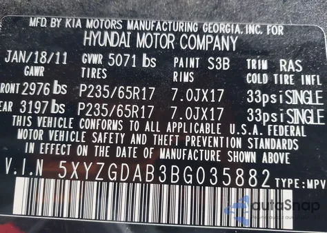 2011 Hyundai Santa Fe Gls from USA, damaged, VIN 5XYZGDAB3BG035882